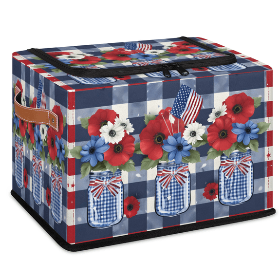 CURLYOOT Red and Blue Stripe Flowers Storage Bin With Zipper Lid ...