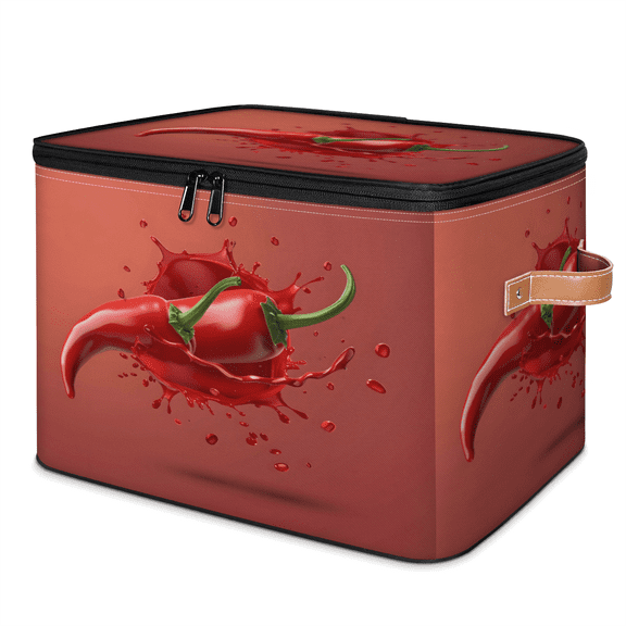 CURLYOOT Red Chilli Fabric Storage Bins with Lids, Vegetable Chilli Foldable Storage Boxes Washable Storage Cube, Closet Bedroom Home Organizer Containers with PU Leather Handles