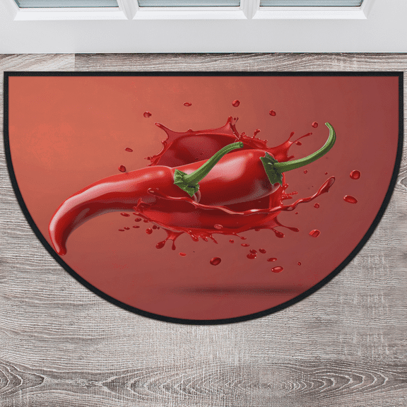 CURLYOOT Red Chilli Half Round Door Mat 24'' x 36'', Indoor Outdoor Entrance Rug, Semi Circular Area Rug, Non Slip Washable Absorbent Doormat, Vegetable Chilli Laundry Room Rug