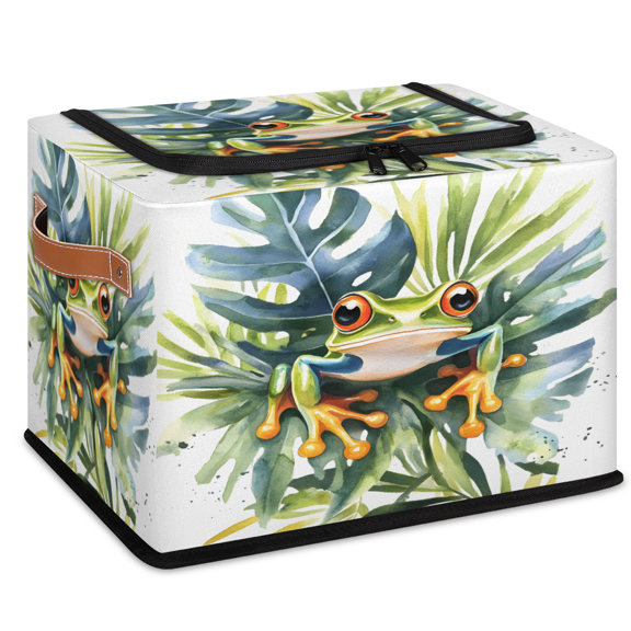 CURLYOOT Red Eyed Tree Frog Animal Leaves Storage Bin with Zipper Lid, Foldable Clothes Organizer Lidded Storage Baskets, Rectangular Box Closet Shelf Organizer