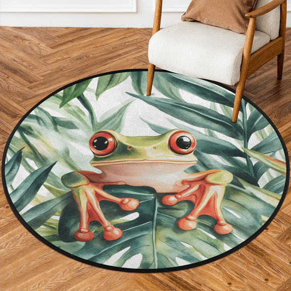 CURLYOOT Red Eyed Tree Frog Leaves 5.2ft Round Rug for Living Room, Large Washable Area Rug, Non Slip Floor Mat Indoor Rugs for Bedroom, Dining Room, Offices, Entryway