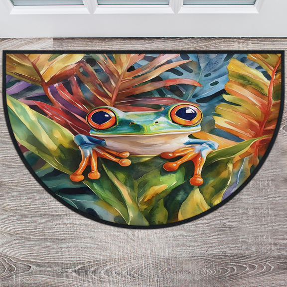CURLYOOT Red Eyed Tree Frog with Leaves Half Round Door Mat 24'' x 36'', Indoor Outdoor Entrance Rug, Semi Circular Area Rug, Non Slip Washable Absorbent Doormat, Laundry Room Rug
