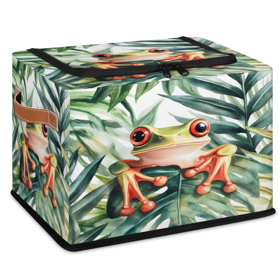 CURLYOOT Red Eyed Tree Frog Leaves Storage Bin with Zipper Lid, Foldable Clothes Organizer Lidded Storage Baskets, Rectangular Box Closet Shelf Organizer