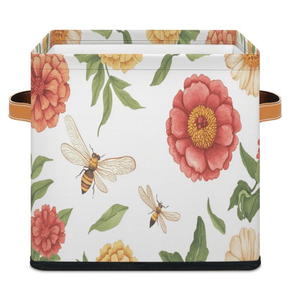 CURLYOOT Red Floral Summer Spring 11 x 11 Inch Cube Storage Bin, Fabric Storage Cube Foldable Basket with Leather Handles, Organizer Basket for Closet Shelves