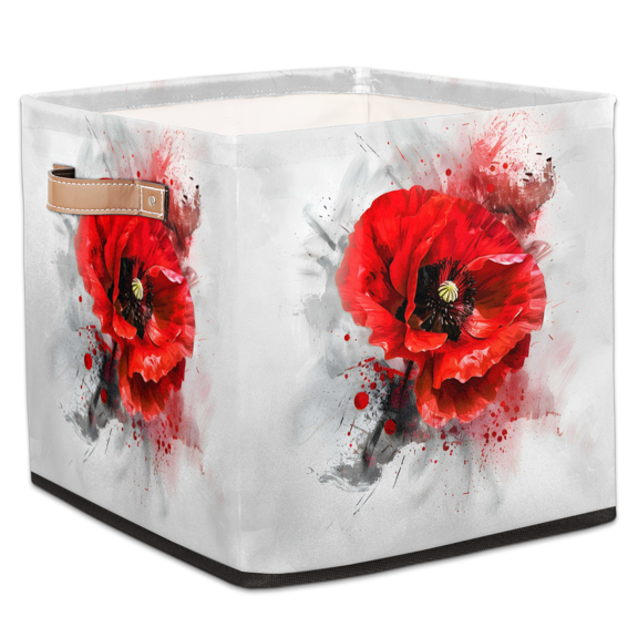 CURLYOOT Red Flower Cube Storage Bin, 13 x 13 x 13 Storage Cube Bins for Organizing, Poppy Floral Black Grey Vintage Fabric Foldable Closet Baskets with Handles for Closet, Shelves, Clothes