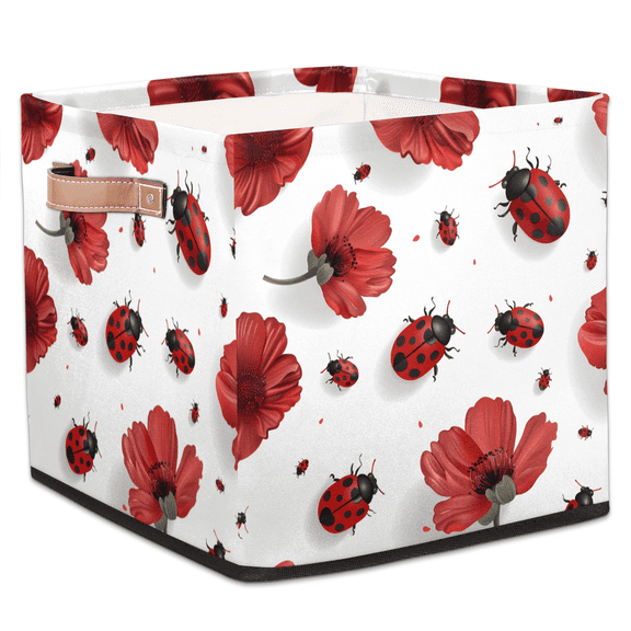 CURLYOOT Red Ladybugs Cube Storage Bin, 13 x 13 x 13 Storage Cube Bins for Organizing, Floral Ladybugs Fabric Foldable Closet Baskets with Handles for Closet, Shelves, Clothes