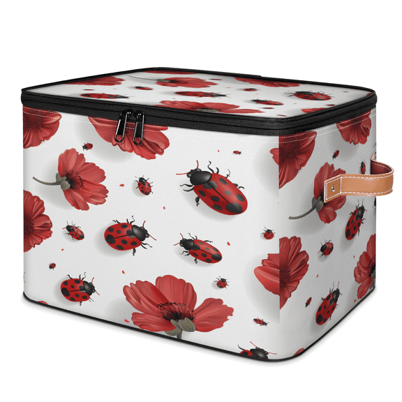CURLYOOT Red Ladybugs Fabric Storage Bins with Lids, Floral Ladybugs Foldable Storage Boxes Washable Storage Cube, Closet Bedroom Home Organizer Containers with PU Leather Handles