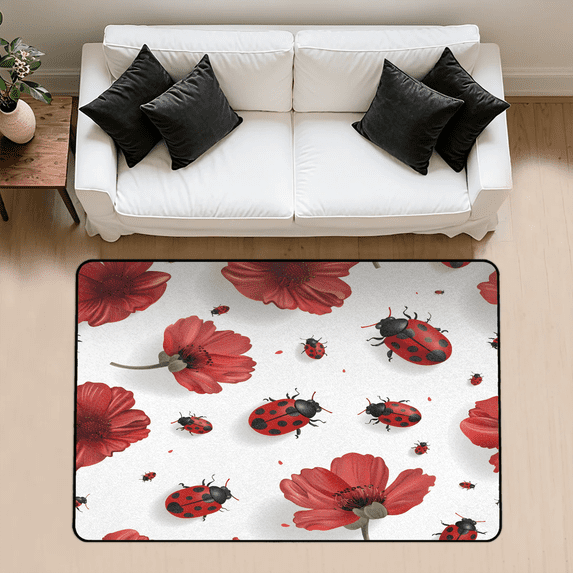 CURLYOOT Red Ladybugs Rug for Living Room Bedroom, 4x6 Ft Washable Area Rug, Non Slip Rugs for Entryway, Floral Ladybugs Large Carpet for Indoor Dining Room