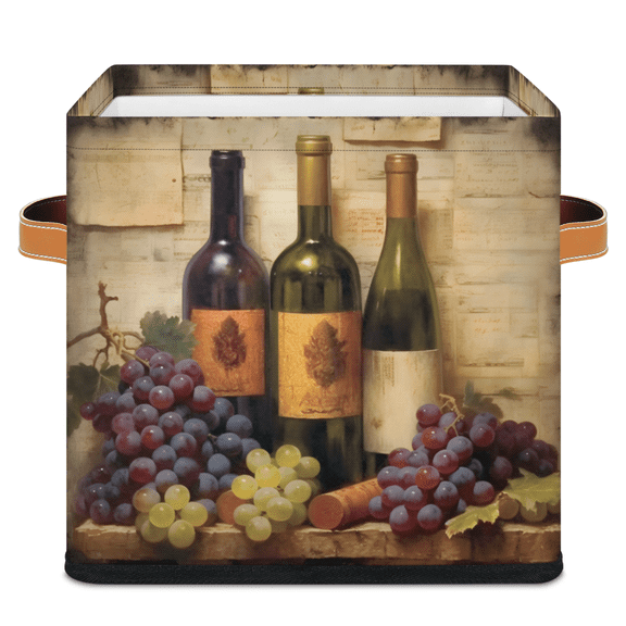 CURLYOOT Red Wine And Grapes 11 x 11 Inch Cube Storage Bin, Decorative Storage Cube Foldable Basket with Leather Handle, Fabric Bin for Closet Shelves Home Organizer