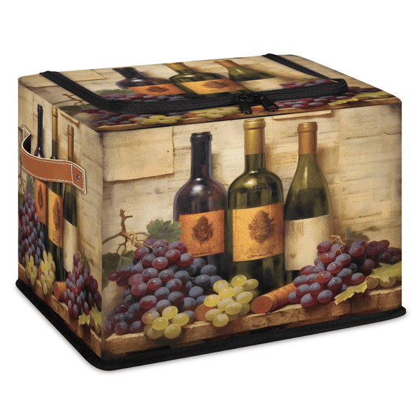 CURLYOOT Red Wine And Grapes Storage Bin with Zipper Lid, Foldable Clothes Organizer Lidded Storage Baskets, Rectangular Box Closet Shelf Container Organizer for Home Dorm