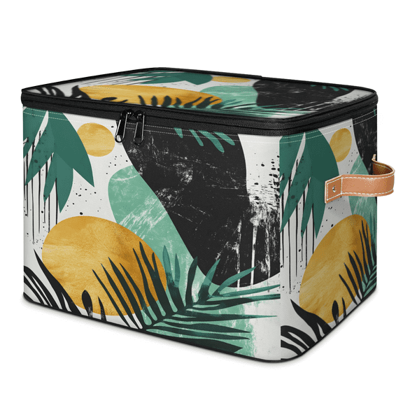 CURLYOOT Retro Abstract Leaf and Sun Storage Bins with Lid, Decorative Fabric Storage Boxes, Foldable Closet Shelf Organizer Baskets for Bedroom, Living Room, Home