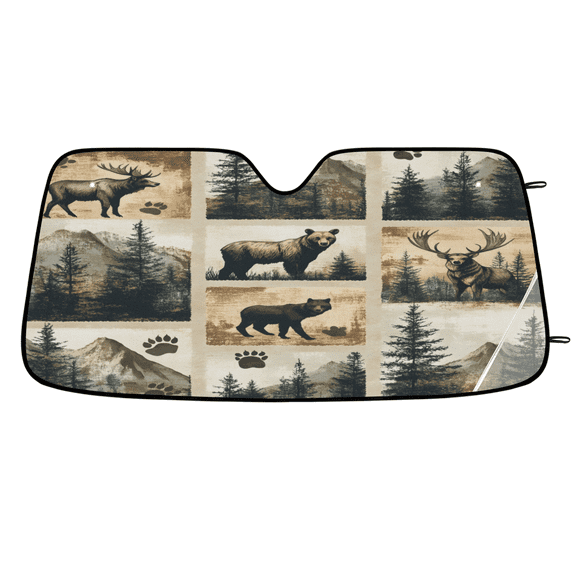 CURLYOOT Retro Bear and Deer Moose Forest Farmhouse Car Windshield Sun Shade, Foldable Front Window Sunshade Blocks UV Rays, Window Shades for Car SUV Truck, 55 x 27.5 Inch