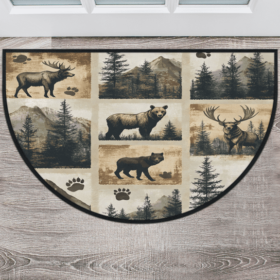 CURLYOOT Retro Bear and Deer Moose Forest Farmhouse Half Round Door Mat 24'' x 36'', Indoor Outdoor Entrance Rug, Semi Circular Area Rug, Non Slip Washable Absorbent Doormat, Laundry Room Rug