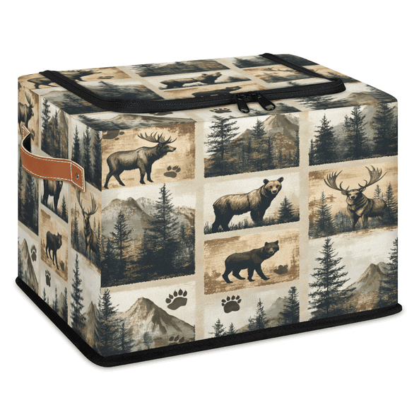 CURLYOOT Retro Bear and Deer Moose Forest Farmhouse Storage Bin with Zipper Lid, Foldable Clothes Organizer Lidded Storage Baskets, Rectangular Box Closet Shelf Organizer