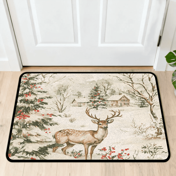 CURLYOOT Retro Deer in the Snow Front Door Mat, Washable Non-Slip Door Mat, Indoor Outdoor Floor Mats Absorbent Welcome Doormat for Entrance 20" x 30"