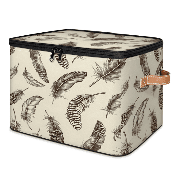 CURLYOOT Retro Feather Fabric Storage Bins with Lids, Feather Drawing Foldable Storage Boxes Washable Storage Cube, Closet Bedroom Home Organizer Containers with PU Leather Handles
