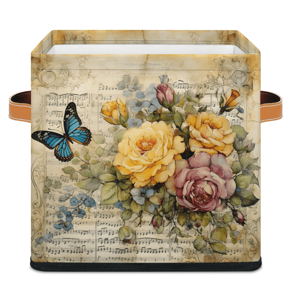 CURLYOOT Retro Flowers Butterfly 11 x 11 Inch Cube Storage Bin, Decorative Storage Cube Foldable Basket with Leather Handle, Fabric Bin for Closet Shelves Home Organizer