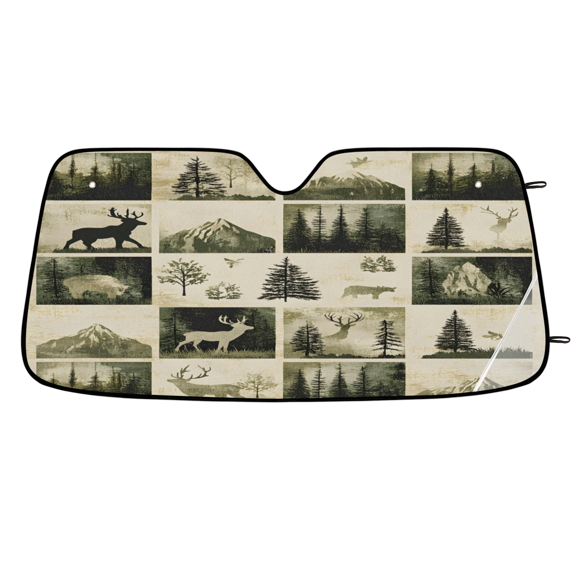 CURLYOOT Retro Vintage Deers Moose Forest Car Windshield Sun Shade, Foldable Front Window Sunshade Blocks UV Rays, Window Shades for Car SUV Truck, 55 x 27.5 Inch