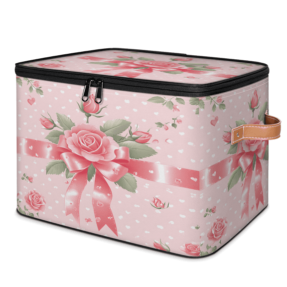 CURLYOOT Rose Floral Storage Bins with Zipper Lid Fabric Storage Baskets Boxes Polka Dots Washable Foldable Clothes Organizer Container with Leather Handles for Shelves Closet