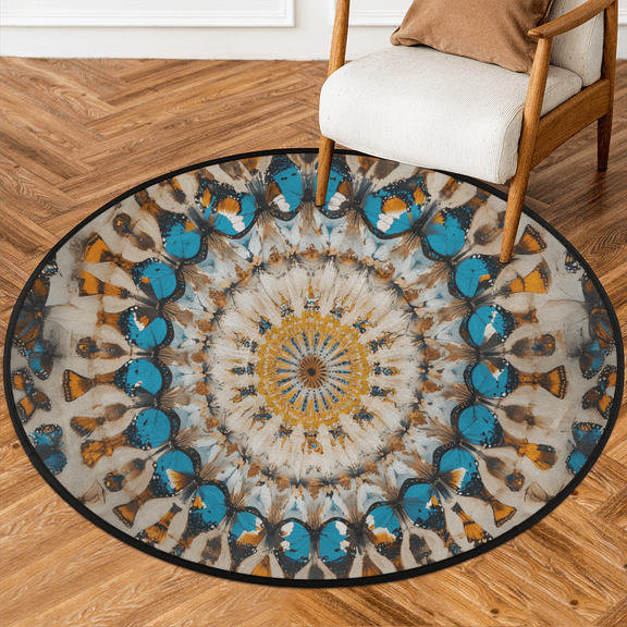 CURLYOOT Round Rug 3ft Abstract Area Rug, Washable Circle Mat Non Slip Floor Carpet Mat, Butterfly Soft Indoor Rugs for Entryway Living Room Dining Room Bedroom