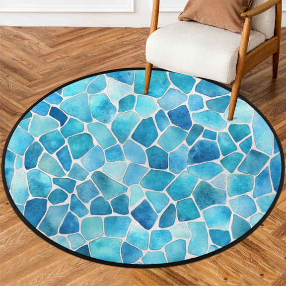 CURLYOOT Round Rug 3ft Abstract Area Rug, Washable Circle Mat Non Slip Floor Carpet Mat, Teal Blue Marble Soft Indoor Rugs for Entryway Living Room Dining Room Bedroom
