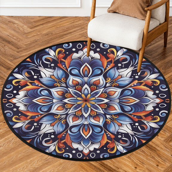 CURLYOOT Round Rug 3ft Abstract Floral Area Rug, Washable Circle Mat Non Slip Floor Carpet Mat, Mandala Soft Indoor Rugs for Entryway Living Room Dining Room Bedroom