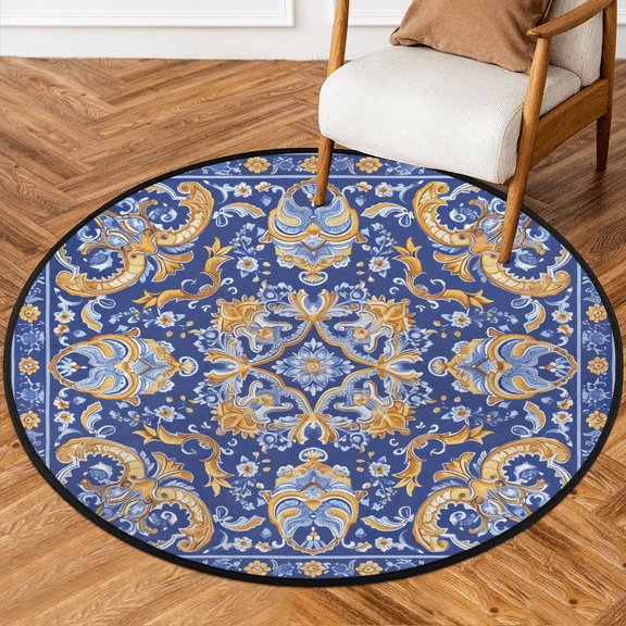 CURLYOOT Round Rug 3ft Abstract Floral Boho Area Rug, Washable Circle Mat Non Slip Floor Carpet Mat, Soft Indoor Rugs for Entryway Living Room Dining Room Bedroom