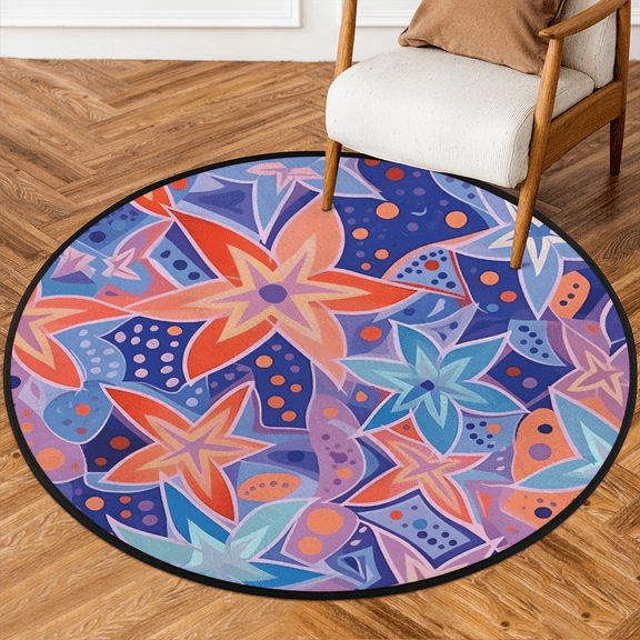 CURLYOOT Round Rug 3ft Abstract Flowers Area Rug, Washable Circle Mat Non Slip Floor Carpet Mat, Boho Ethnic Soft Indoor Rugs for Entryway Living Room Dining Room Bedroom