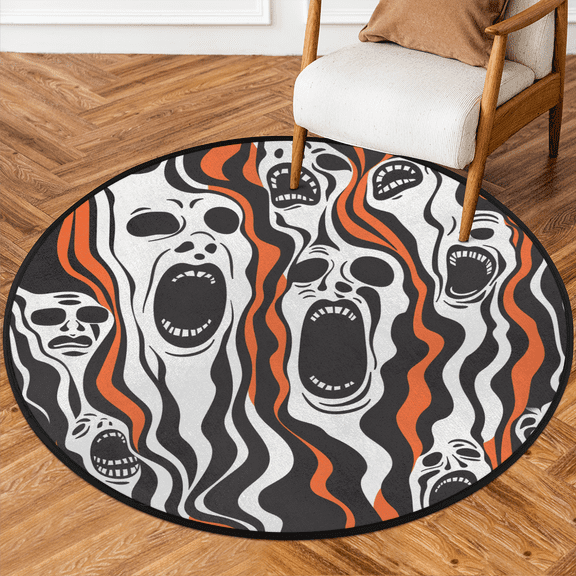 CURLYOOT Round Rug 3ft Abstract Ghost Area Rug, Washable Circle Mat Non Slip Floor Carpet Mat, Spooky Halloween Soft Indoor Rugs for Entryway Living Room Dining Room Bedroom