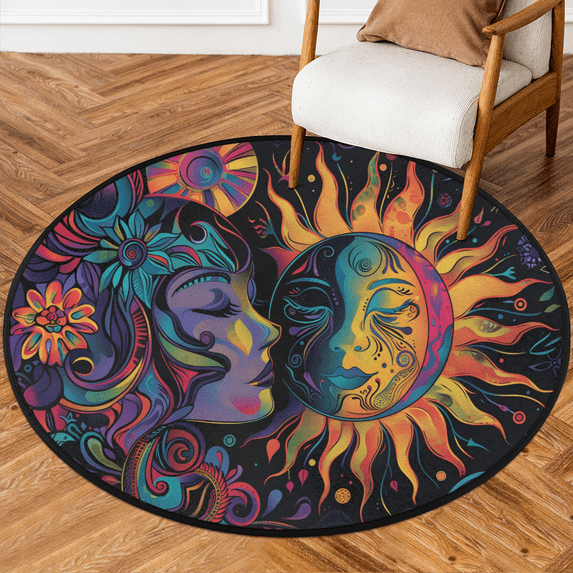 CURLYOOT Round Rug 3ft Abstract Sun And Moon Boho Area Rug, Washable Circle Mat Non Slip Floor Carpet Mat, Soft Indoor Rugs for Entryway Living Room Dining Room Bedroom