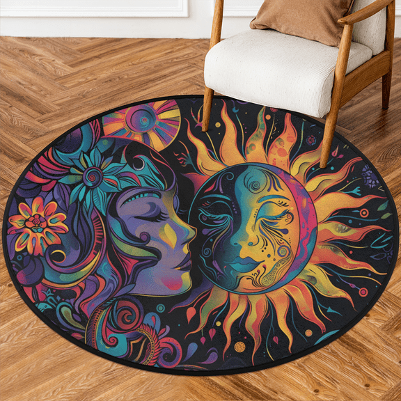 CURLYOOT Round Rug 3ft Abstract Sun And Moon Boho Area Rug, Washable Circle Mat Non Slip Floor Carpet Mat, Soft Indoor Rugs for Entryway Living Room Dining Room Bedroom
