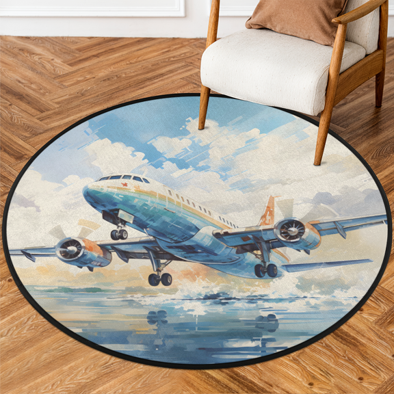 CURLYOOT Round Rug 3ft Airplane Design Area Rug, Washable Circle Mat Non Slip Floor Carpet Mat, Soft Indoor Rugs for Entryway Living Room Dining Room Bedroom
