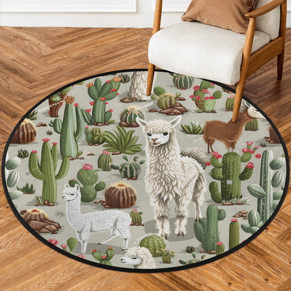 CURLYOOT Round Rug 3ft Alpaca Cactus Area Rug, Washable Circle Mat Non Slip Floor Carpet Mat, Cute Llama Soft Indoor Rugs for Entryway Living Room Dining Room Bedroom