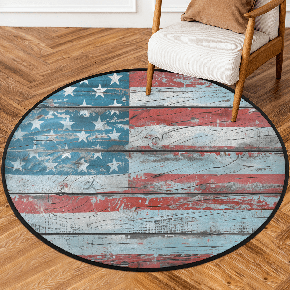 CURLYOOT Round Rug 3ft American Flag Retro Stars with Stripes Wood Area ...