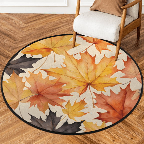 CURLYOOT Round Rug 3ft Maple Leaf Area Rug, Washable Circle Mat Non Slip Floor Carpet Mat, Thanksgiving Soft Indoor Rugs for Entryway Living Room Dining Room Bedroom
