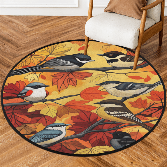 CURLYOOT Round Rug 3ft Autumn Fall Maple Leaf Birds Area Rug, Washable Circle Mat Non Slip Floor Carpet Mat, Soft Indoor Rugs for Entryway Living Room Dining Room Bedroom