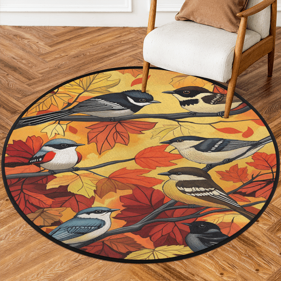 CURLYOOT Round Rug 3ft Autumn Fall Maple Leaf Birds Area Rug, Washable Circle Mat Non Slip Floor Carpet Mat, Soft Indoor Rugs for Entryway Living Room Dining Room Bedroom