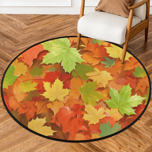 CURLYOOT Round Rug 3ft Autumn Leaf Area Rug, Washable Circle Mat Non Slip Floor Carpet Mat, Maple Leaves Soft Indoor Rugs for Entryway Living Room Dining Room Bedroom