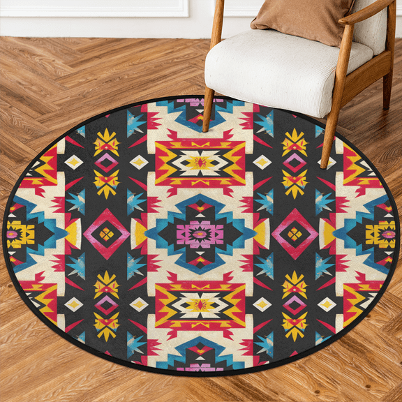 CURLYOOT Round Rug 3ft Aztec Area Rug, Washable Circle Mat Non Slip Floor Carpet Mat, Abstract Geometric Boho Soft Indoor Rugs for Entryway Living Room Dining Room Bedroom