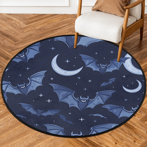 CURLYOOT Round Rug 3ft Bats Moon Area Rug, Washable Circle Mat Non Slip Floor Carpet Mat, Halloween Soft Indoor Rugs for Entryway Living Room Dining Room Bedroom