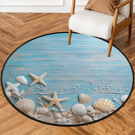 CURLYOOT Round Rug 3ft Beach Area Rug, Washable Circle Mat Non Slip Floor Carpet Mat, Rustic Starfish Seashell Soft Indoor Rugs for Entryway Living Room Dining Room Bedroom