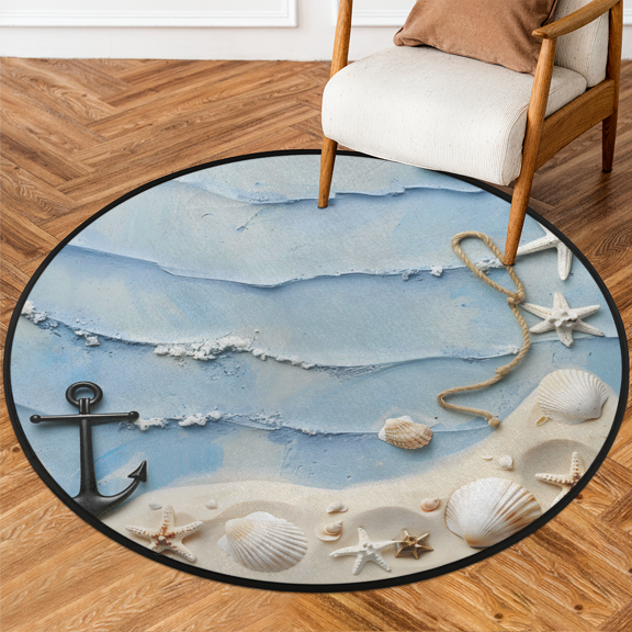CURLYOOT Round Rug 3ft Beach Theme Area Rug, Washable Circle Mat Non Slip Floor Carpet Mat, Ocean Seashell Soft Indoor Rugs for Entryway Living Room Dining Room Bedroom