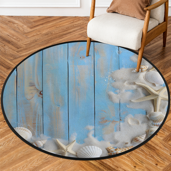 CURLYOOT Round Rug 3ft Beach Theme Area Rug, Washable Circle Mat Non Slip Floor Carpet Mat, Seashells Starfish Soft Indoor Rugs for Entryway Living Room Dining Room Bedroom