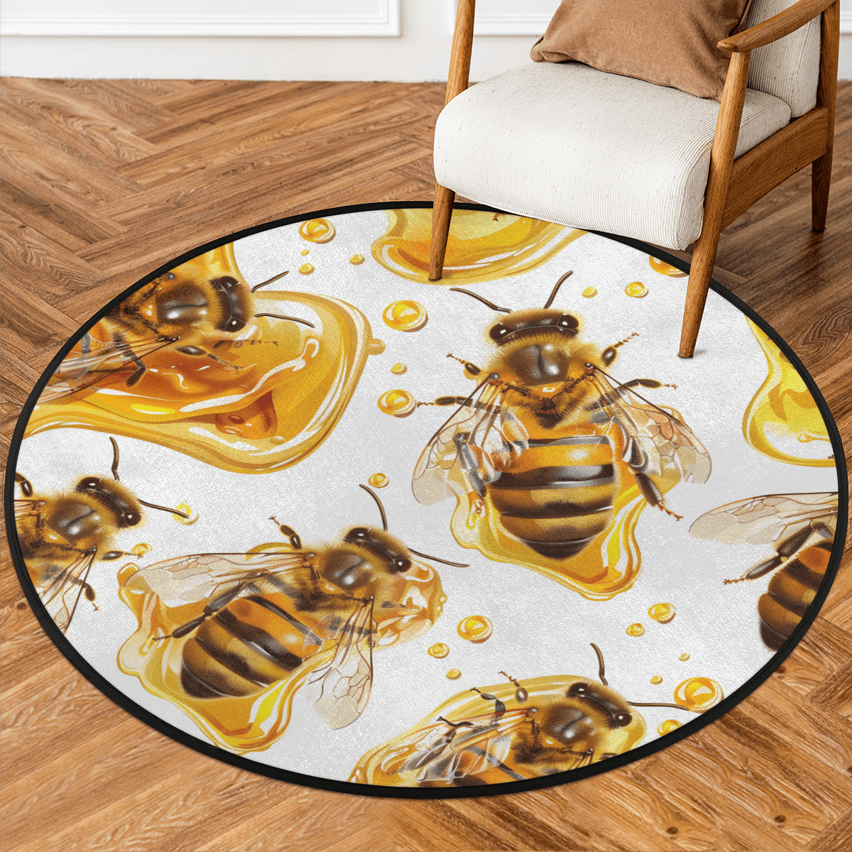 CURLYOOT Round Rug 3ft Bee Area Rug, Washable Circle Mat Non Slip Floor ...