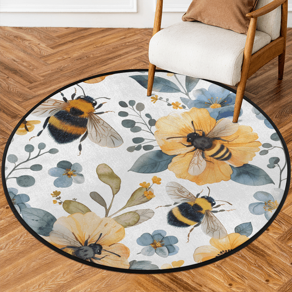 CURLYOOT Round Rug 3ft Bee Floral Flowers Area Rug, Washable Circle Mat Non Slip Floor Carpet Mat, Soft Indoor Rugs for Entryway Living Room Dining Room Bedroom