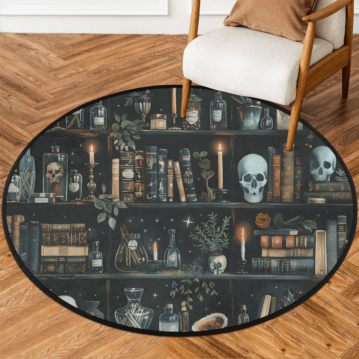 CURLYOOT Round Rug 3ft Black Bookshelf and Goth Skull Area Rug ...