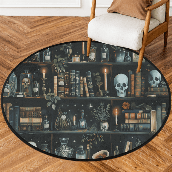 CURLYOOT Round Rug 3ft Black Bookshelf and Goth Skull Area Rug, Washable Circle Mat Non Slip Floor Carpet Mat, Soft Indoor Rugs for Entryway Living Room Dining Room Bedroom