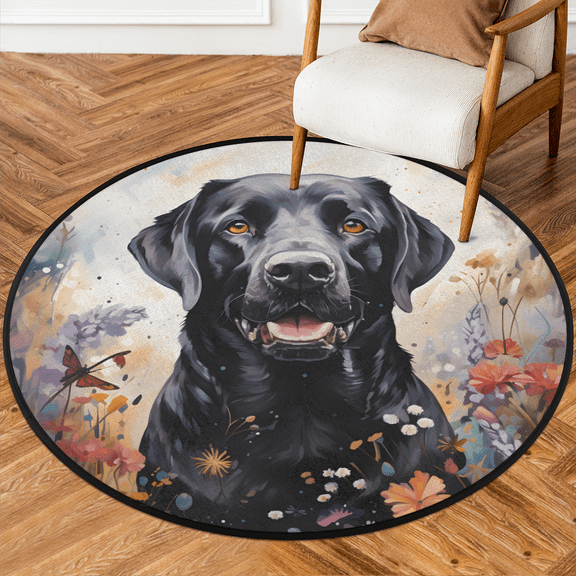 CURLYOOT Round Rug 3ft Black Labrador Dog Area Rug, Washable Circle Mat Non Slip Floor Carpet Mat, Soft Indoor Rugs for Entryway Living Room Dining Room Bedroom