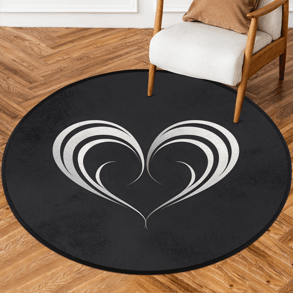 CURLYOOT Round Rug 3ft Black And White Heart Area Rug, Washable Circle Mat Non Slip Floor Carpet Mat, Soft Indoor Rugs for Entryway Living Room Dining Room Bedroom