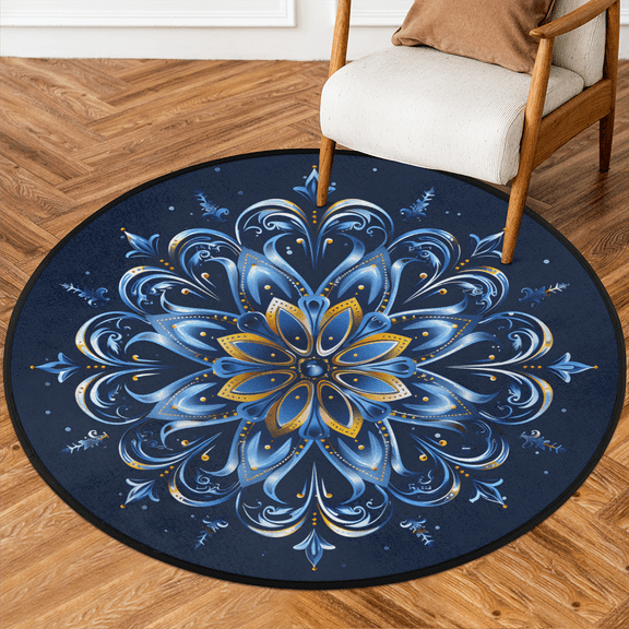 CURLYOOT Round Rug 3ft Blue Floral Area Rug, Washable Circle Mat Non Slip Floor Carpet Mat, Boho Mandala Soft Indoor Rugs for Entryway Living Room Dining Room Bedroom